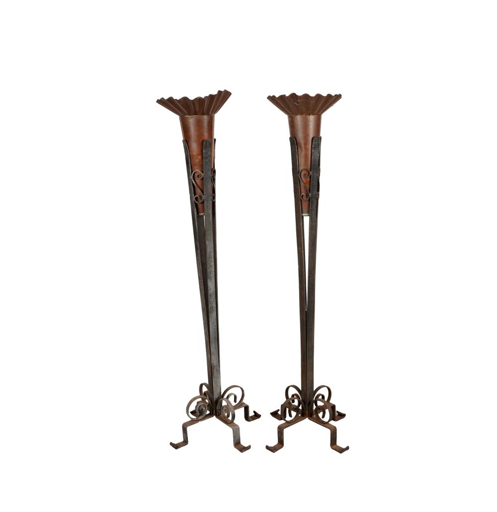 Appraisal: PAIR SPANISH REVIVAL STYLE HAMMERED IRON PLANTERSeach with removable copper