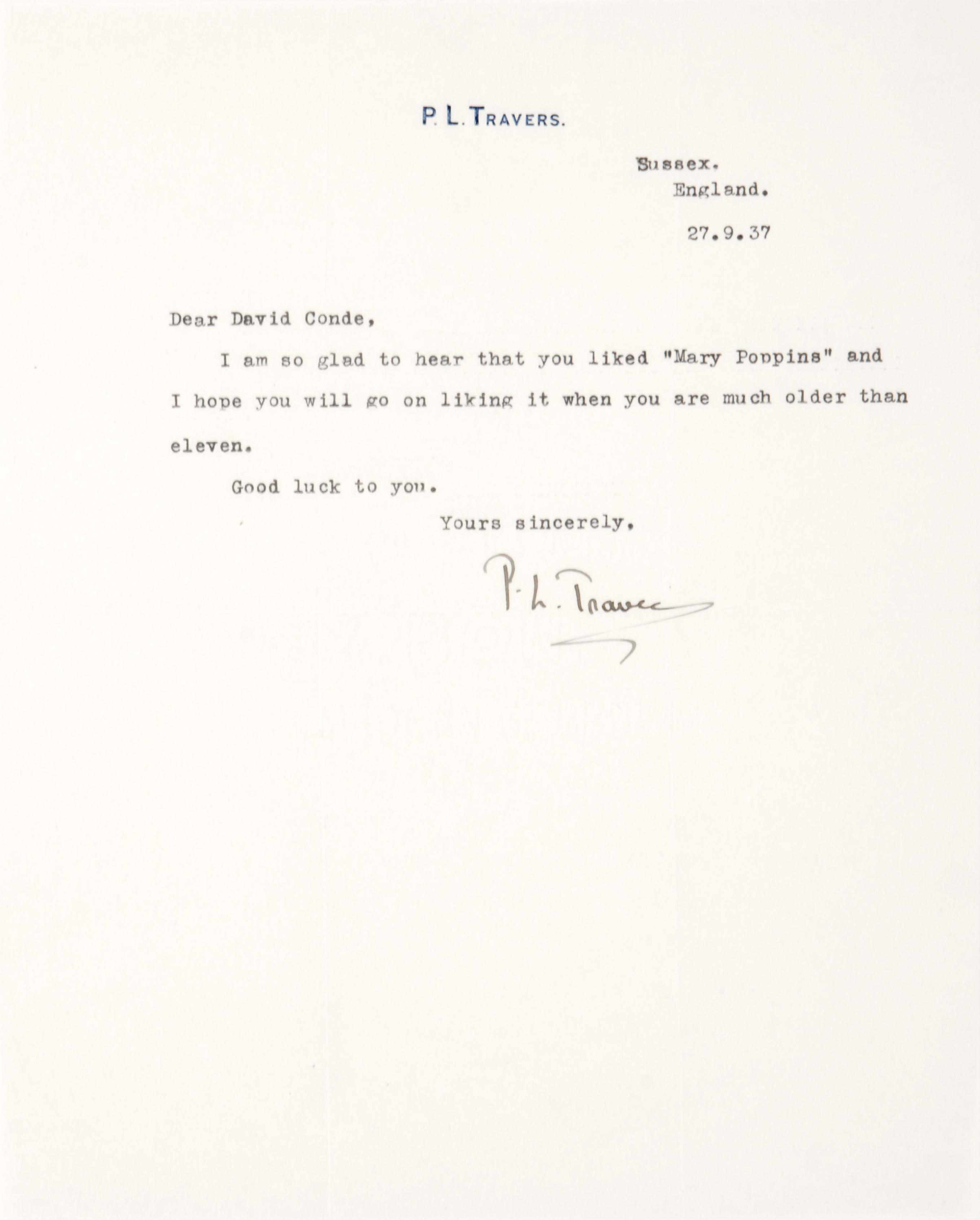 Appraisal: TRAVERS PAMELA LYNDON HELEN LYNDON GOFF - Typed Letter Signed