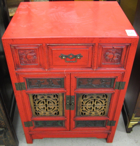 Appraisal: TWO SMALL CHINESE SIDE CABINETS red altar cabinet with two