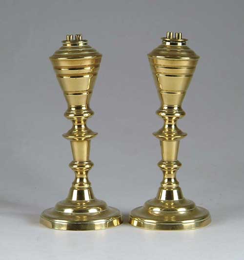 Appraisal: PAIR OF EARLY BRASS WHALE OIL LAMPS Cone shaped fonts