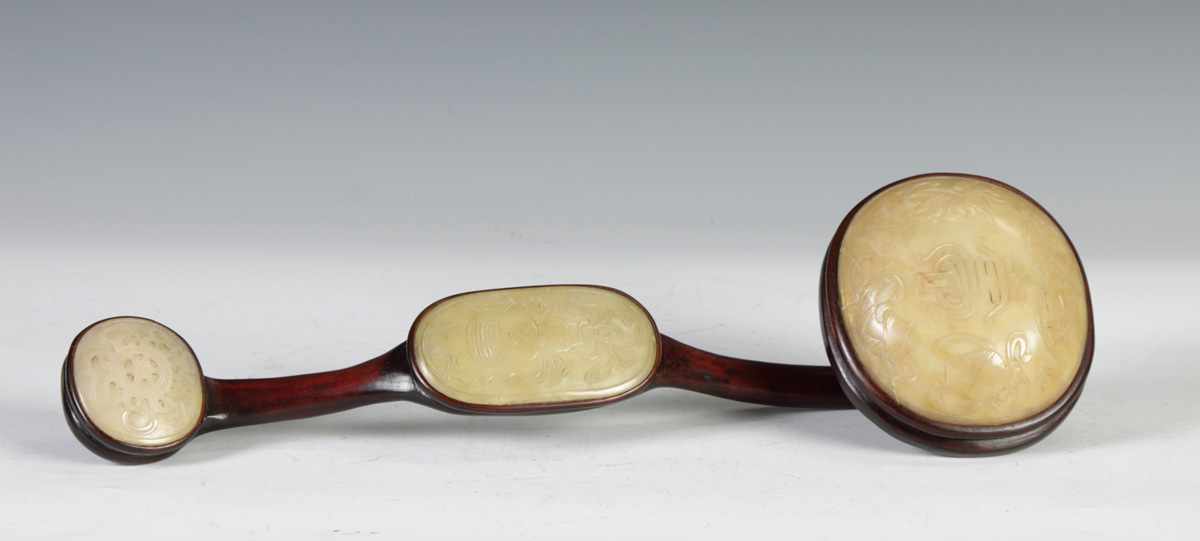 Appraisal: Chinese Rosewood Scepter th th cent With carved jade inserts