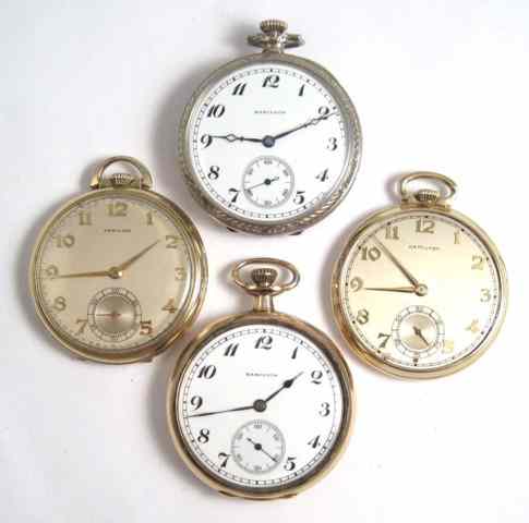 Appraisal: FOUR HAMILTON OPENFACE POCKET WATCHES model grade size jewels X