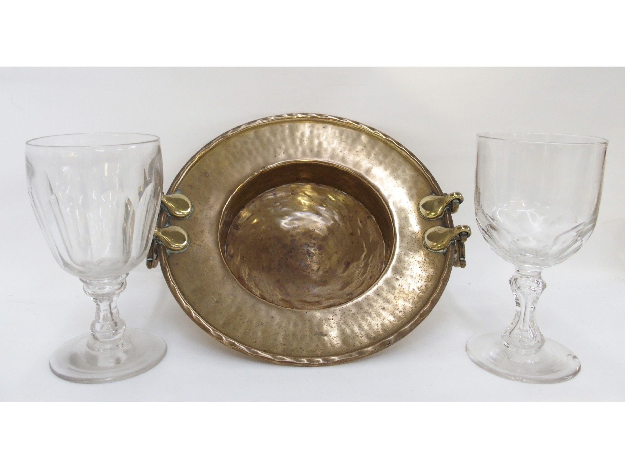 Appraisal: Brass two handled dish and two Antique drinking glasses