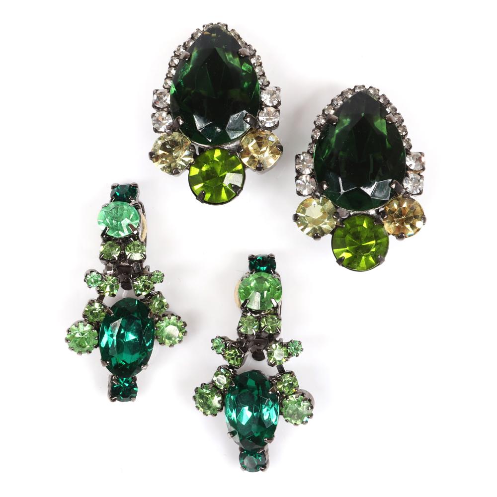 Appraisal: LAWRENCE VRBA TWO PAIRS OF DIAMANTE EMERALD CRYSTAL EARRINGS CHANDELIER