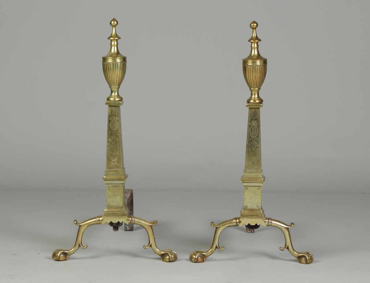 Appraisal: Pair of Chippendale Style Brass Andirons Claw ball feet etched