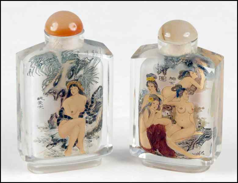 Appraisal: TWO REVERSE PAINTED SNUFF BOTTLES '' x '' Condition No