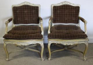 Appraisal: Pair of Louis XV Style Painted and Carved Arm Chairs