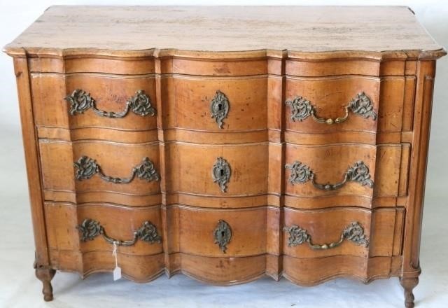 Appraisal: EARLY TH C FRENCH PROVINCIAL DRAWER CHEST FRUIT WOOD SERPENTINE