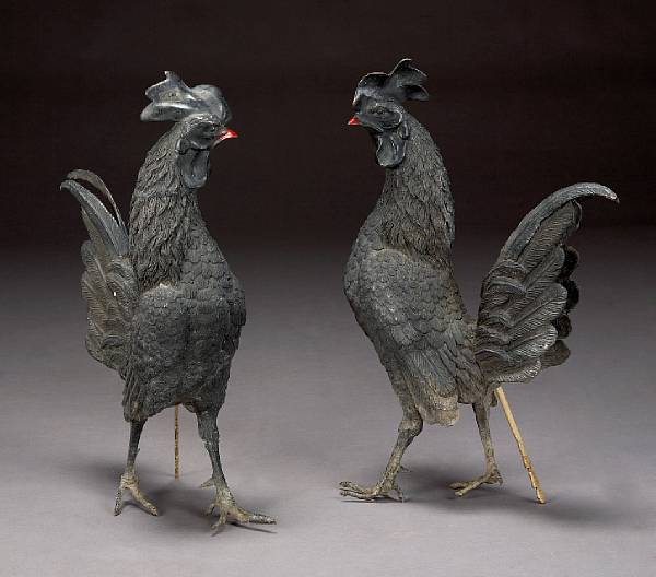 Appraisal: A pair of patinated bronze figures of cockerels first quarter