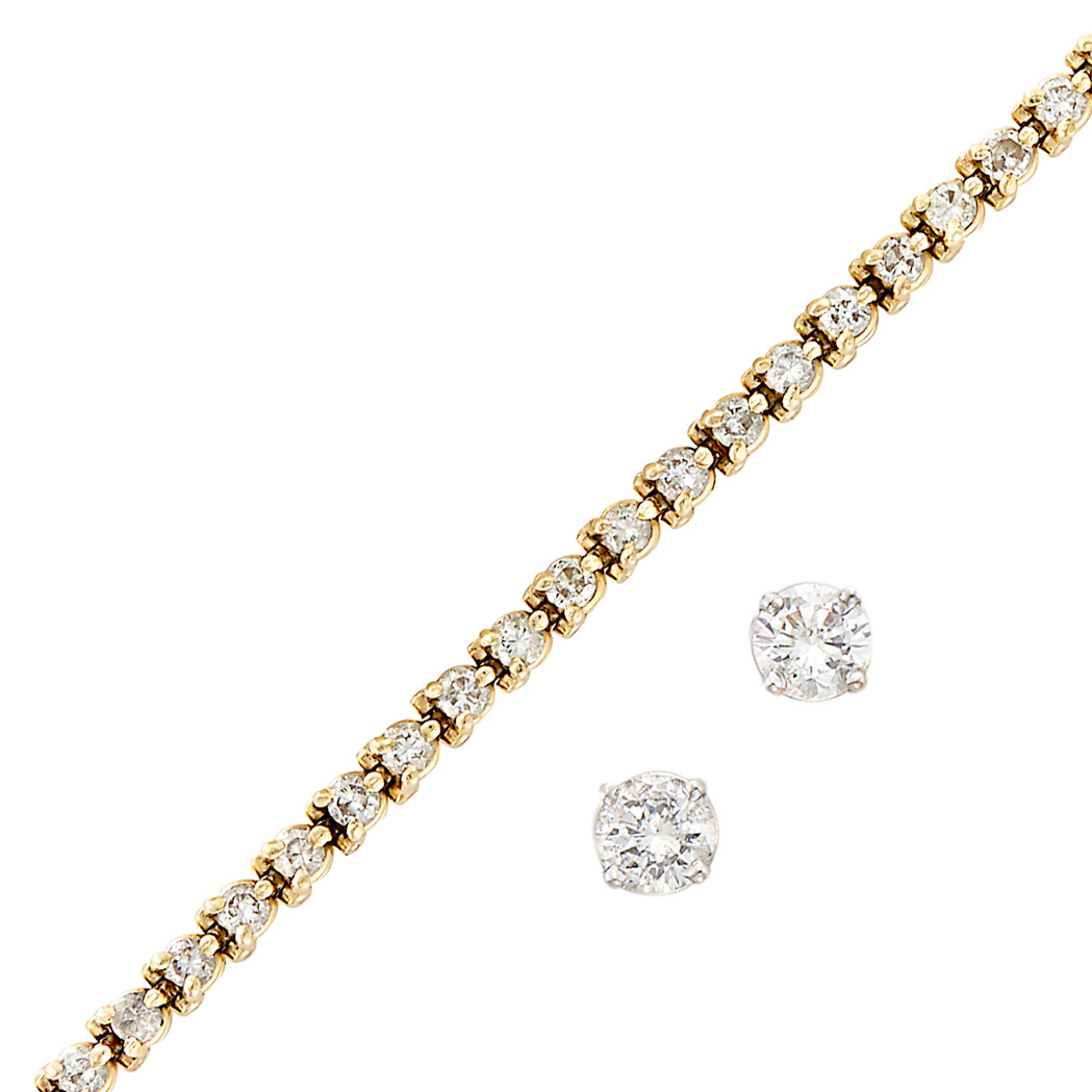 Appraisal: Gold and Diamond Bracelet and Pair of Platinum and Diamond