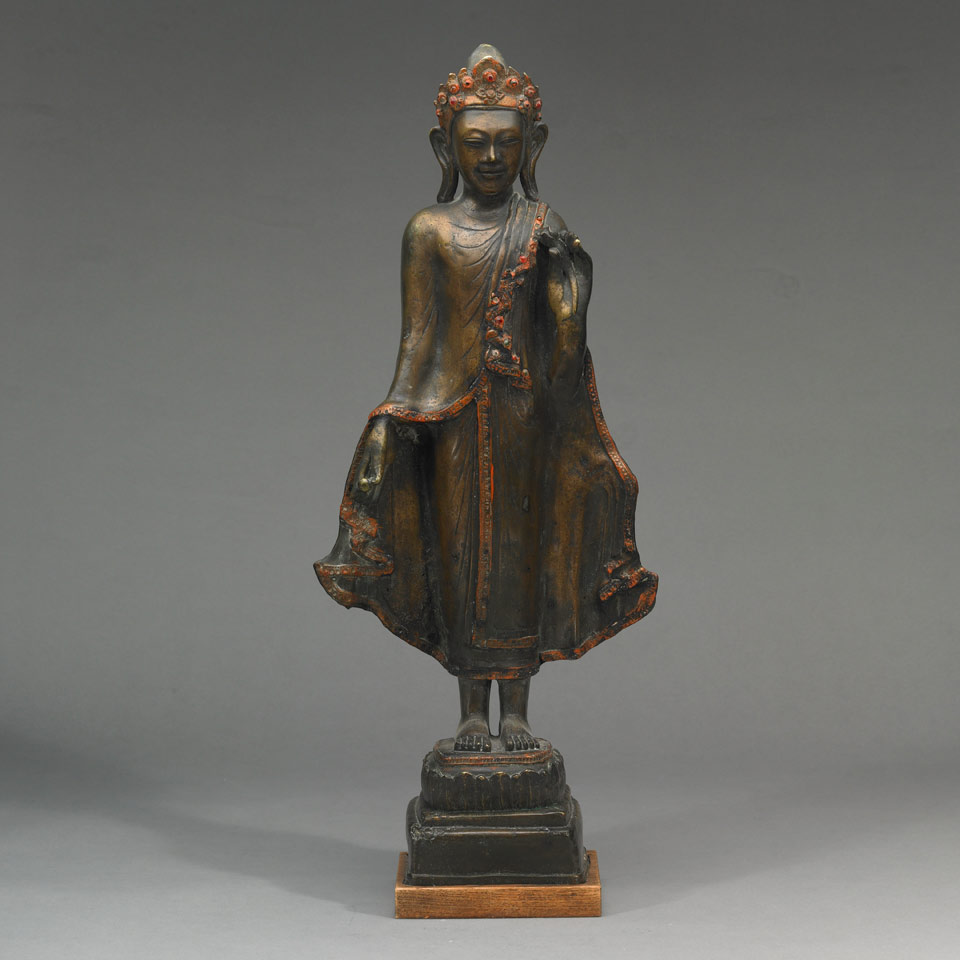 Appraisal: Bronze Standing Buddha Burma The crown and robe with hardstone