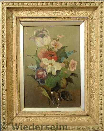 Appraisal: Oil on wood panel still life painting of flowers th