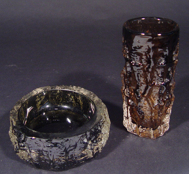 Appraisal: Cylindrical Smoked Whitefriars bark glass vase and a similar ashtray