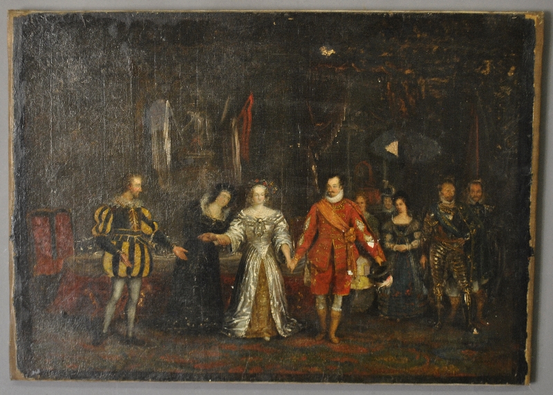 Appraisal: - Unframed oil on canvas painting of a European court