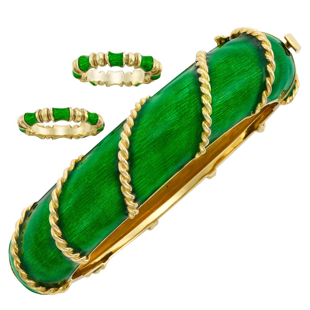 Appraisal: Pair of Gold and Green Enamel Bamboo Band Rings Martine