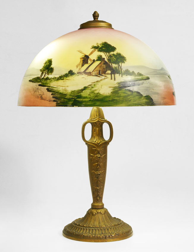 Appraisal: PITTSBURGH LAMP BASE WITH PAINTED GLASS SHADE Cast metal base