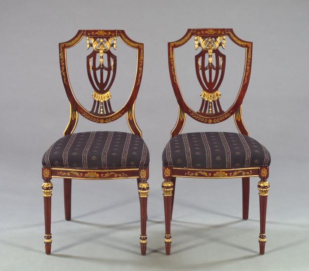 Appraisal: Pair of Edwardian-Style Stenciled and Parcel-Gilt Shield-Back Sidechairs each with