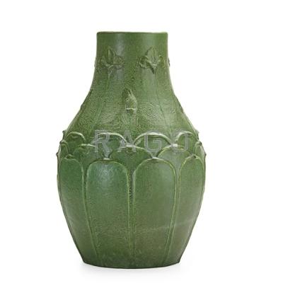 Appraisal: GRUEBY Large bulbous vase with irises buds and leaves Boston