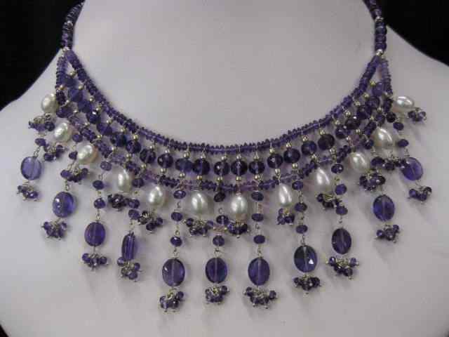 Appraisal: Amethyst Pearl Necklace fine round faceted beads with pearls dangles