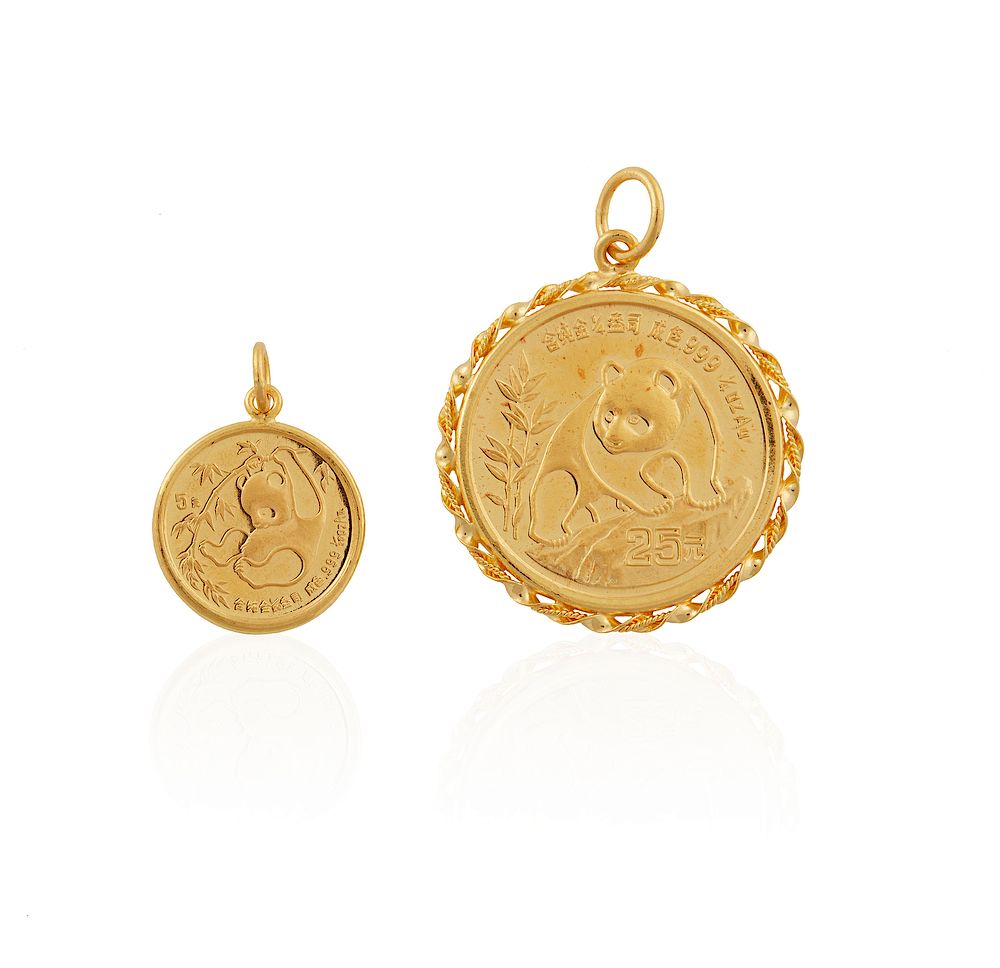 Appraisal: Two Gold Chinese Panda Bullion Coin Pendants Two Chinese gold