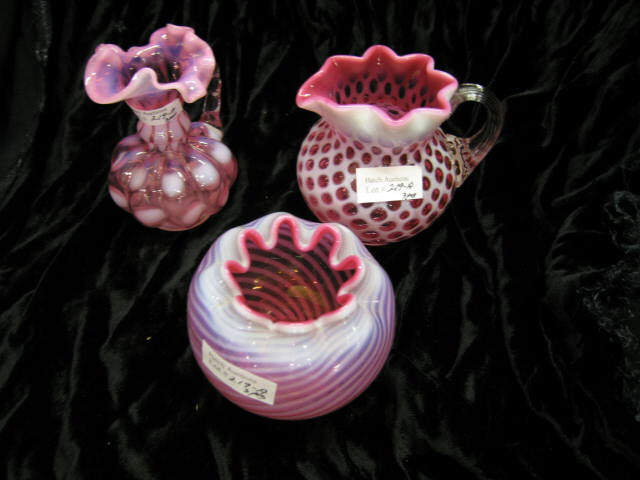 Appraisal: Pcs Cranberry Opalescent Art Glass pitchers a rose bowl