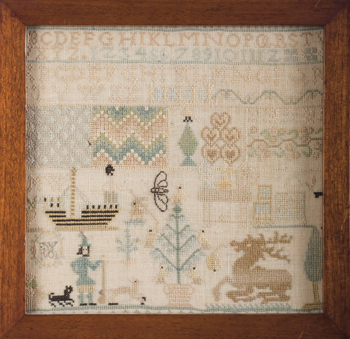 Appraisal: SPOT NEEDLEWORK SAMPLER Worked on gauze with banded alphabetic and