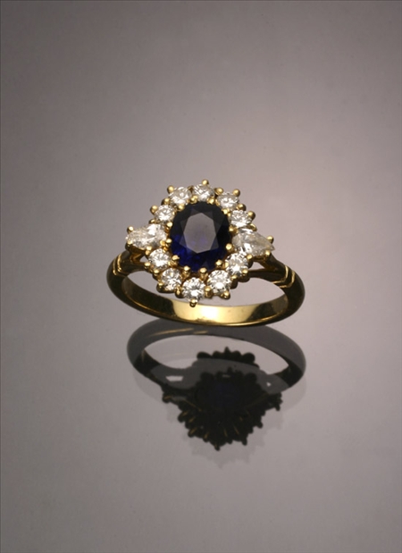 Appraisal: -Karat Yellow-Gold Blue Sapphire and Diamond Dinner Ring Set with