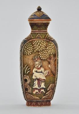 Appraisal: A Carved Polychrome Ivory Snuff Bottle Of tapered flattened shape