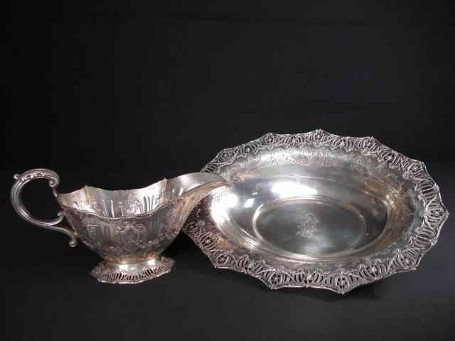 Appraisal: Sterling silver reticulated oval bowl gravy boat Both stamped on