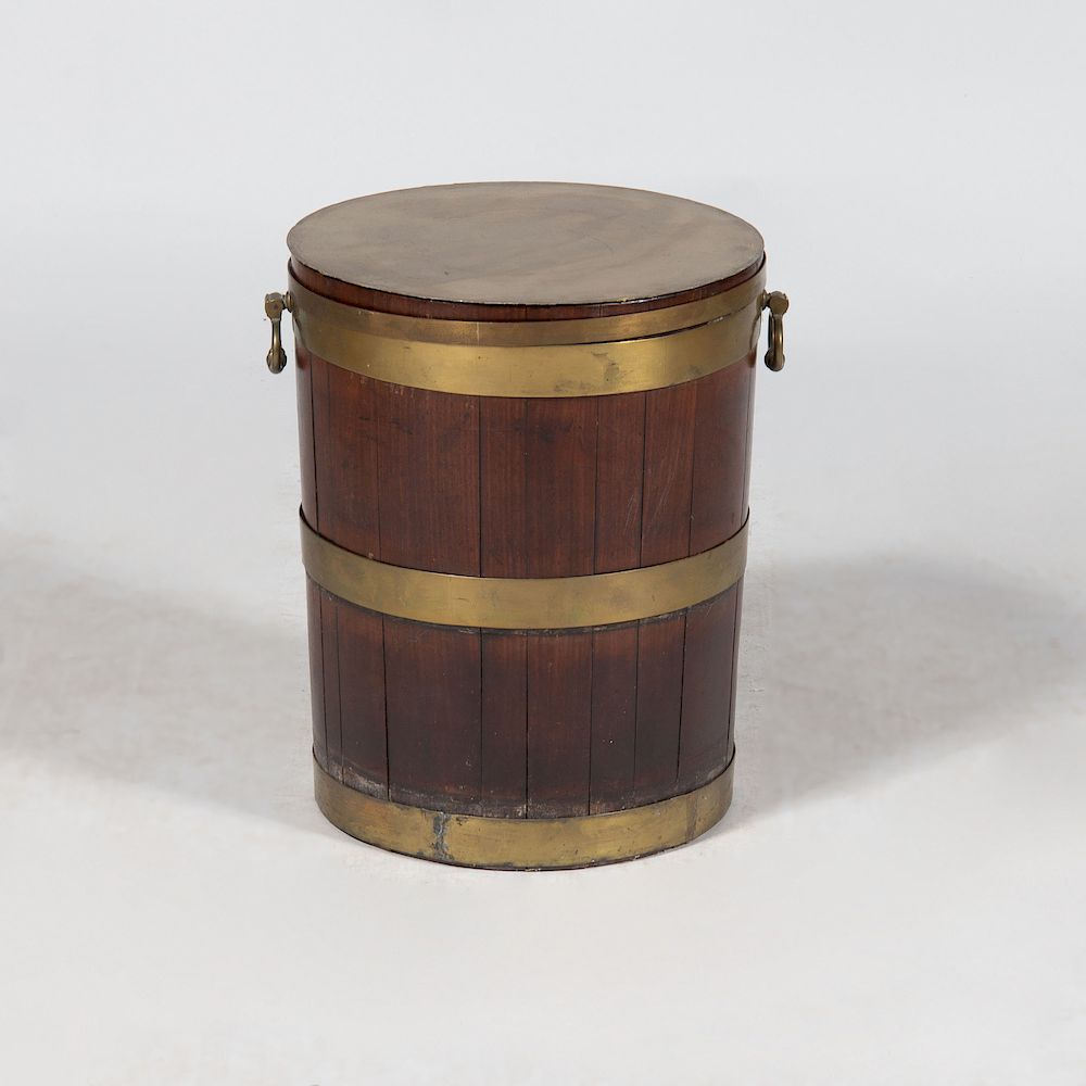 Appraisal: George III Brass-Mounted Oak Peat Bucket and a Brass Cover