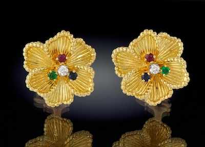 Appraisal: A Pair of Gold and Gemstone Flower Earrings k yellow