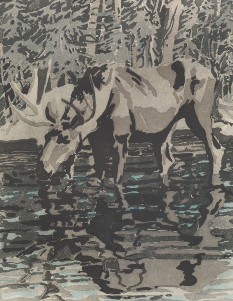 Appraisal: NEIL WELLIVER AMERICAN - x plate Moose Woodcut on paper