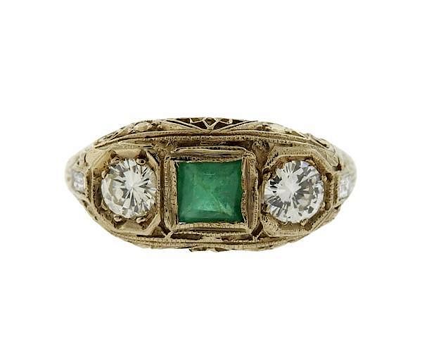 Appraisal: Art Deco Filigree K Gold Diamond Emerald Ring METAL K