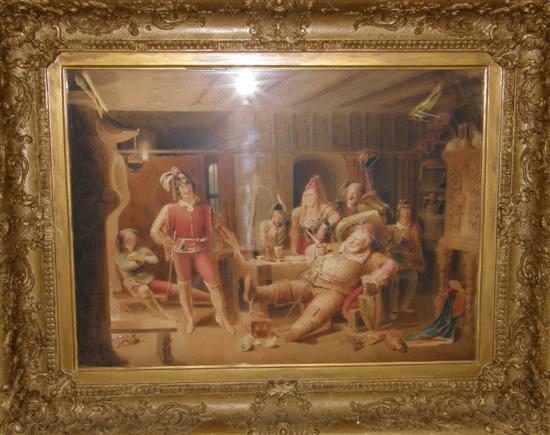 Appraisal: J Meadows watercolour interior scene seated portly man with other