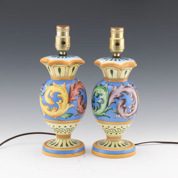 Appraisal: PAIR OF ITALIAN MAIOLICA LAMPS Polychromed ceramic lamp bases marked