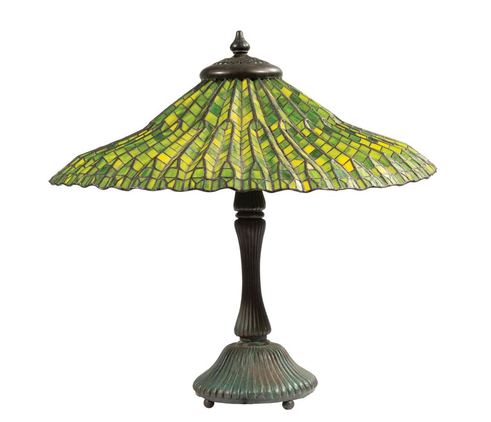 Appraisal: Tiffany-Style Leaded Glass Lamp fluted patinated bronze base h in