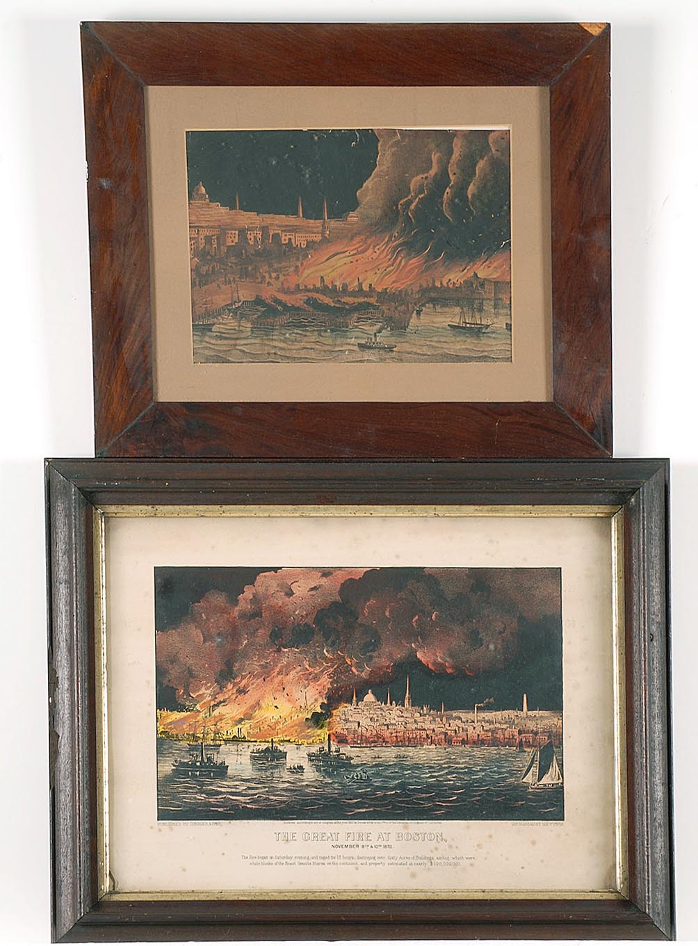 Appraisal: TWO FRAMED BOSTON FIRE-RELATED PRINTS Colored lithograph The Great Fire