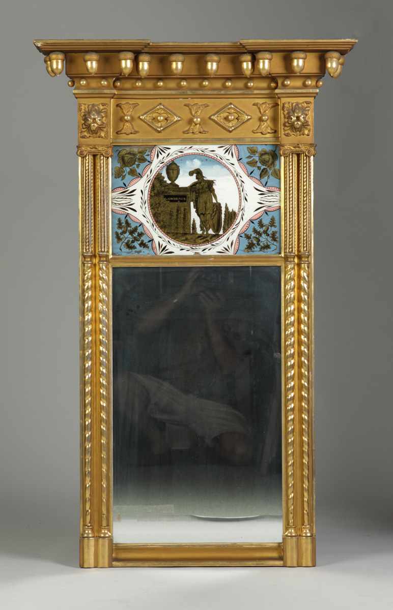 Appraisal: Fine Federal Carved Gilded Mirror w Period Tablet ''Lawrence'' on