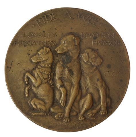 Appraisal: Bronze sculpture Bide A Wee medal plaque uniface signed at