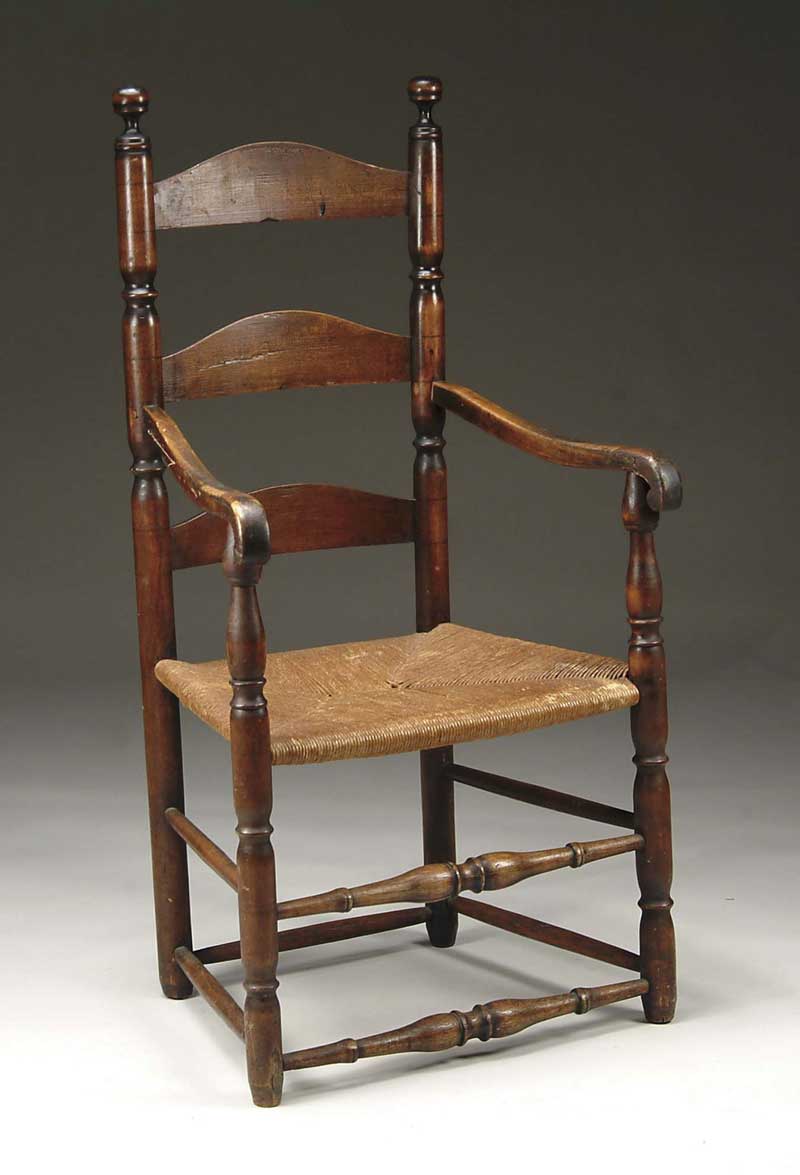 Appraisal: AMERICAN LATE PILGRIM PERIOD ARMCHAIR Three slat back rush seat