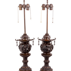 Appraisal: A Pair of Bronze Censers Mounted as Lamps Late th