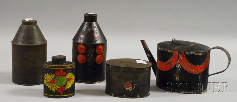 Appraisal: Four Paint-decorated Tole Tea Canisters and a Teapot