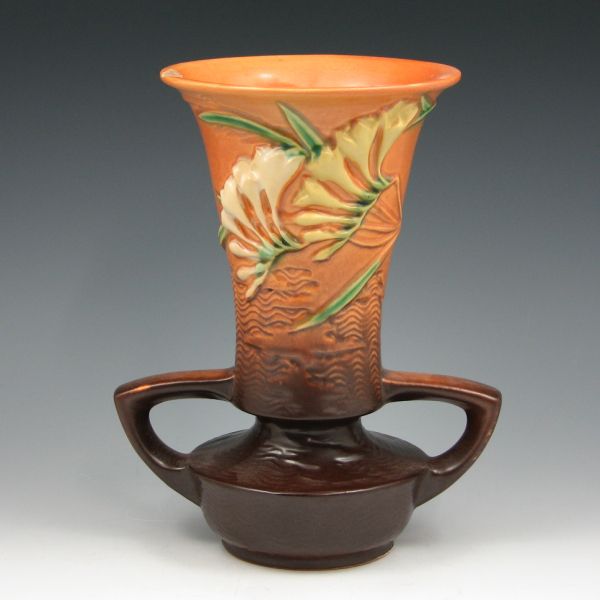 Appraisal: Roseville Freesia handled vase in brown Marked Roseville USA -