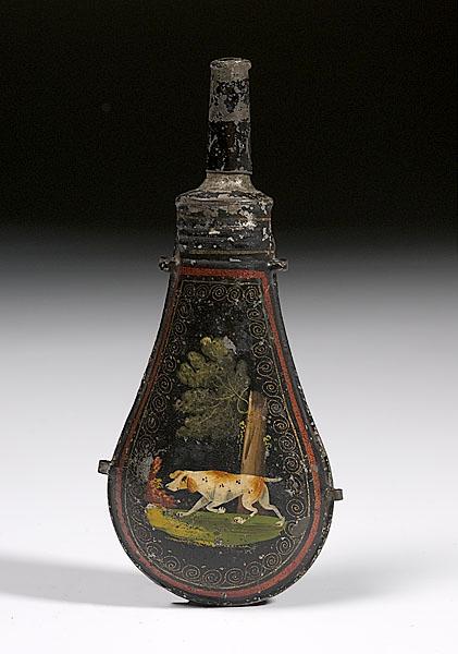 Appraisal: TOLE PAINTED POWDER FLASK WITH HUNTING DOG English or American