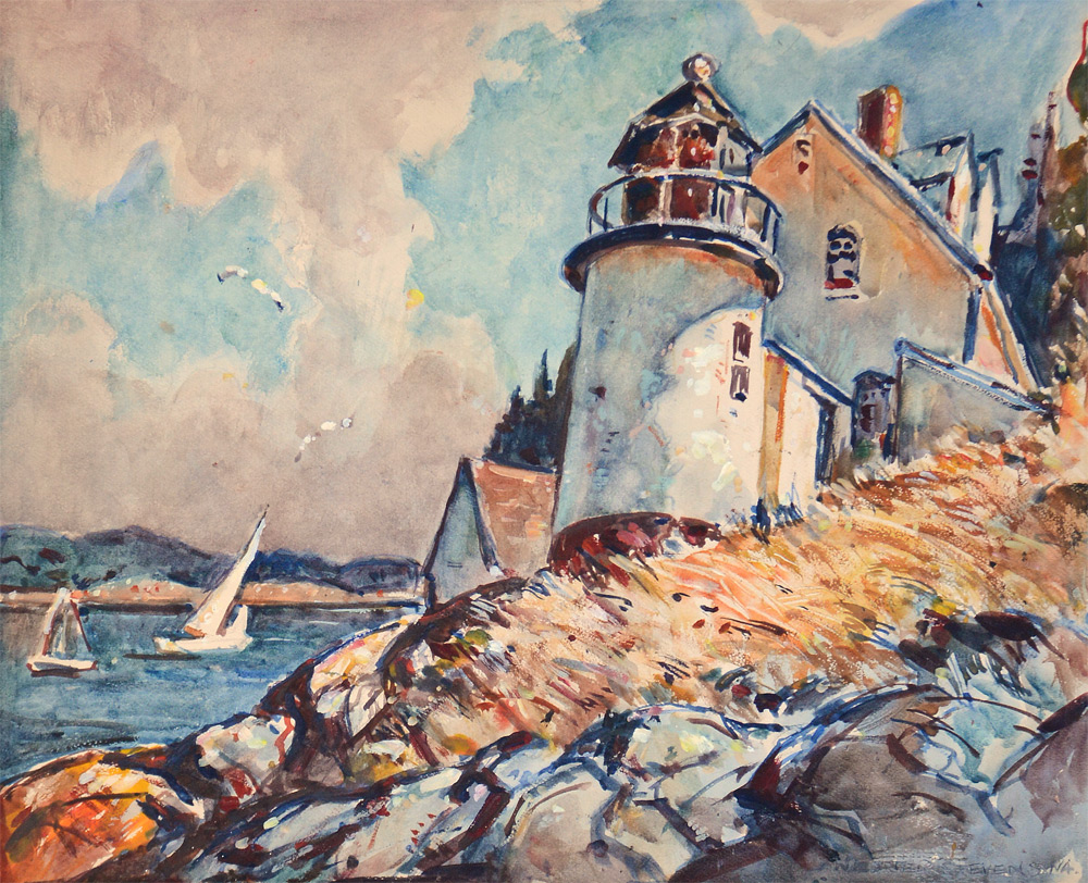 Appraisal: STEVENS William Lester American - Harbor Scene with Lighthouse Watercolor