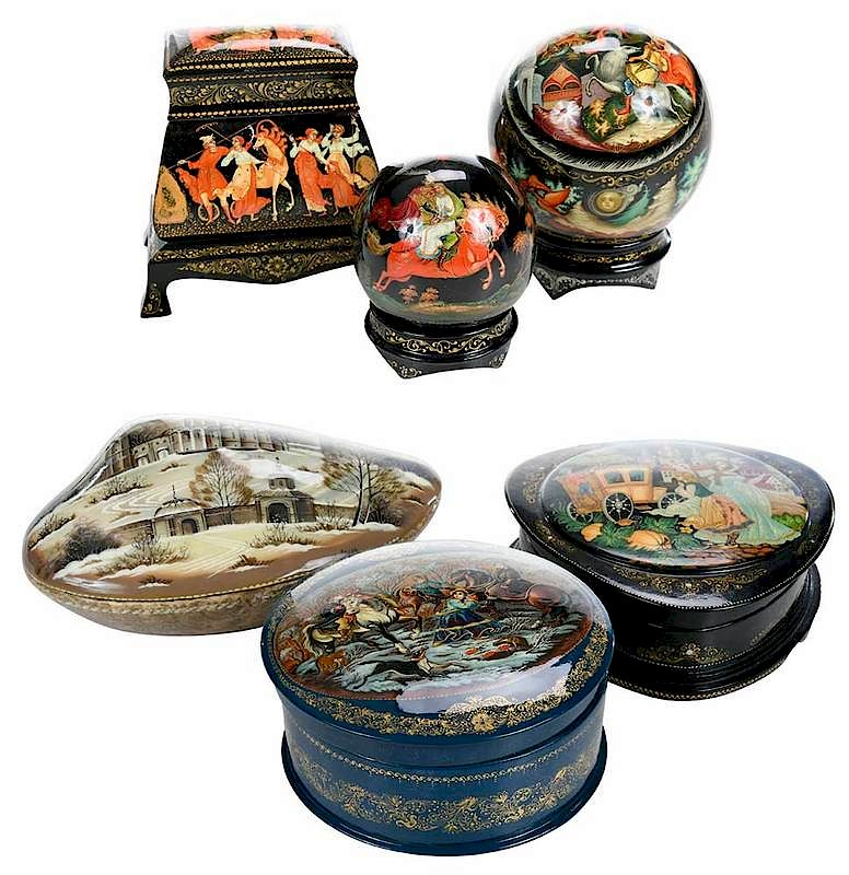 Appraisal: Six Unusual Russian Lacquer Fairy Tale Boxes th century tempera