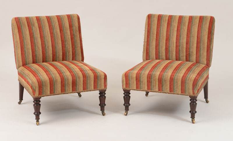 Appraisal: Pair of Victorian Style Slipper Chairs In striped upholstery x