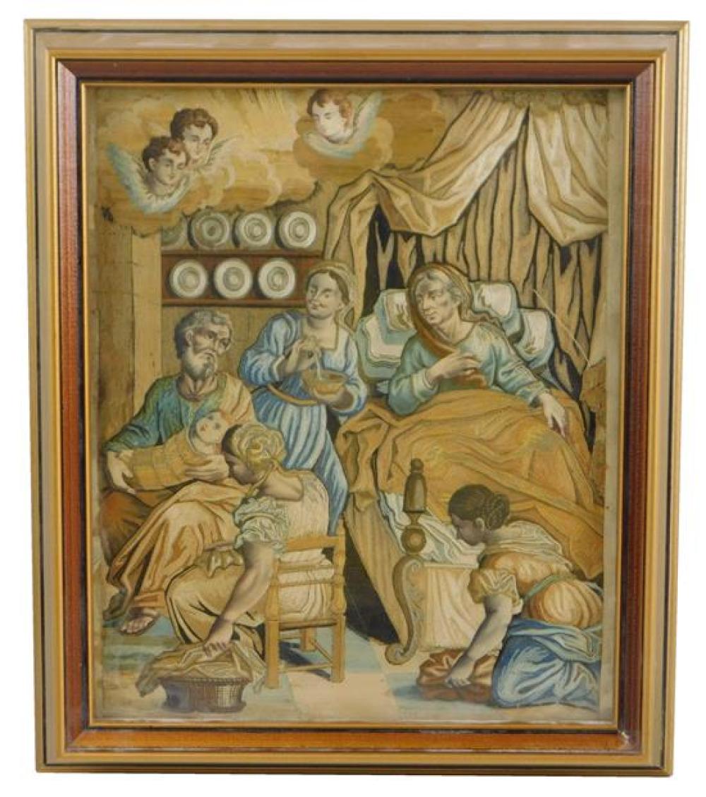 Appraisal: Needlepoint picture recording the birth of a child th C