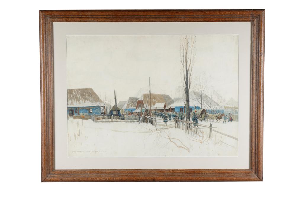 Appraisal: RUDOLF WEBER WINTER LANDSCAPE WITH FIGURES watercolor signed titled and