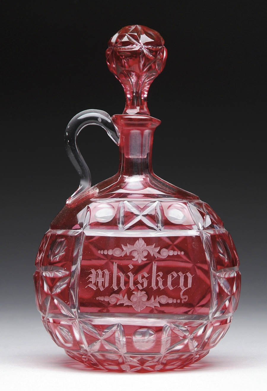 Appraisal: FINE CRANBERRY GLASS CUT OVERLAY WHISKEY DECANTER WITH STOPPER Fine